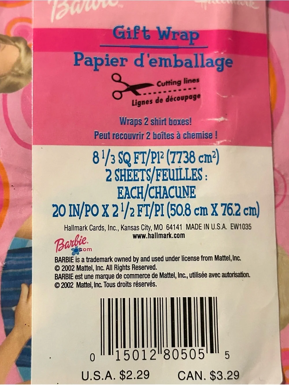 new vintage y2k barbie hallmark mattel 2002 gift wrap sheets rare discontinued